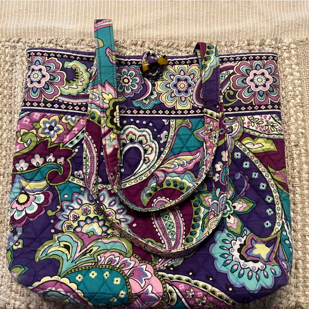 Vera Bradley Purple and Teal Paisley Tote and Matching Wallet Set